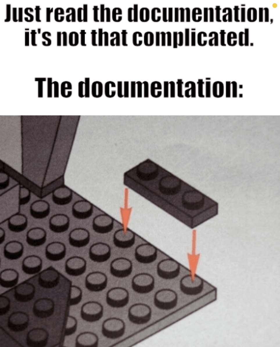 a meme showing instricutions to place a lego with three prongs onto a lego with four prongs